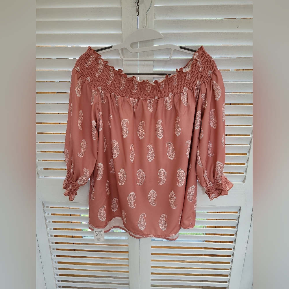 Coral Paisley Off-Shoulder Puff Sleeve CUPSHE Blouse Size M